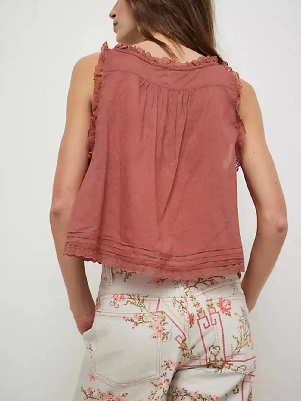 Free People Forevermore Tank Top Adjustable Tie Sheer Lace Ruffle XS